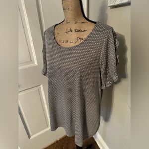 Ruffle Trim Sleeve, crew neck top, gray/white, plus size